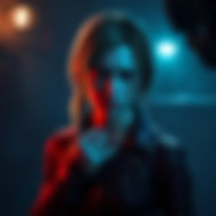 Lisa Trevor stands in a dark, eerie setting, her sad expression reflecting her tragic backstory.