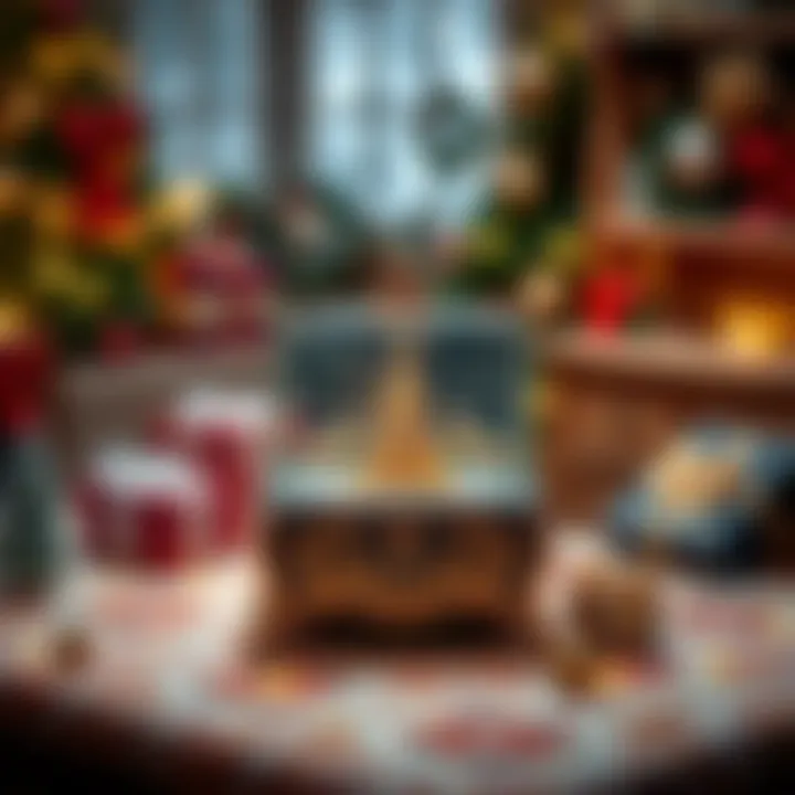 A beautifully crafted Lisrim music box displayed on a festive table surrounded by Christmas decorations and wrapped gifts.