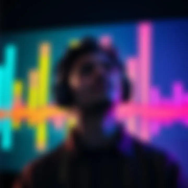 A person wearing headphones enjoys the Watchcast podcast, with colorful soundwave graphics in the background.