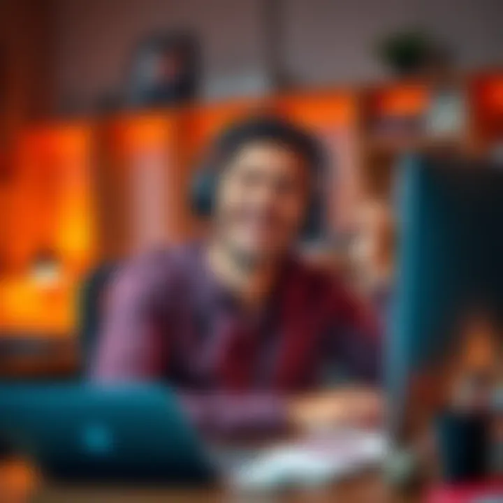Listener Enjoying a Podcast at Work A person wearing headphones, smiling and laughing at their desk while listening to a podcast, surrounded by work-related items.