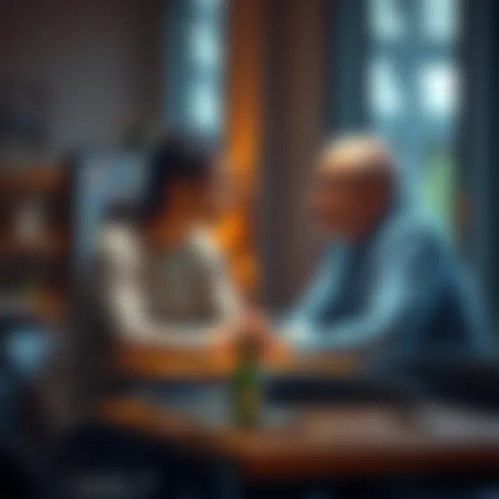 A man and woman sitting at a table, leaning in and listening attentively to each other during a discussion