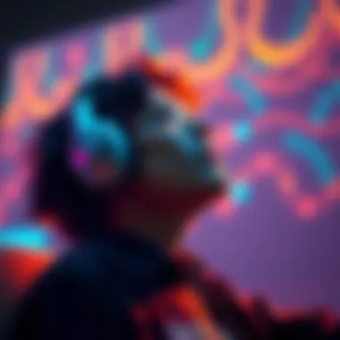 A person enjoying music through headphones, looking relaxed and immersed in the sound, surrounded by a colorful background that suggests a musical theme.