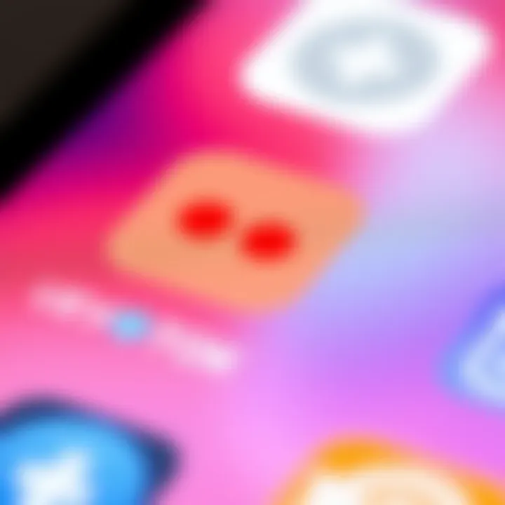 A close-up view of a smartphone screen displaying app icons, with a red dot on one icon indicating a notification, and a gray plus sign on another icon, representing interaction options.