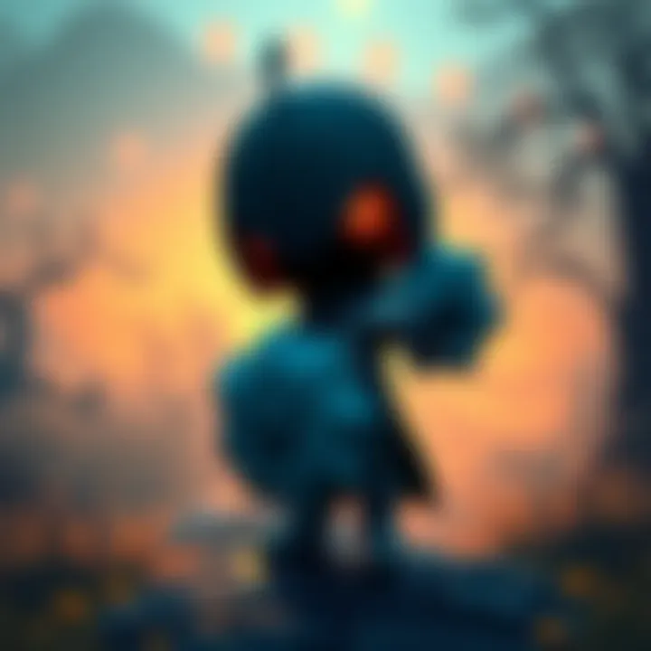 A small, watchful figure representing the Little Cultist standing with a shield, observing a serene landscape.