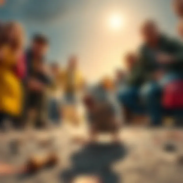 A small rat attempting to run away while being watched by amused onlookers in a light-hearted scene