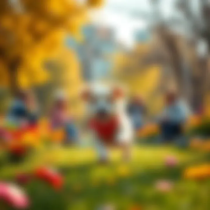 A small, playful dog named Winston running happily through a sunny park, surrounded by friends and colorful flowers.