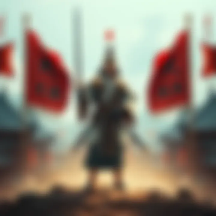 A depiction of Liu Bei standing confidently with a sword, flanked by banners symbolizing unity, as ancient Chinese landscape serves as the backdrop.
