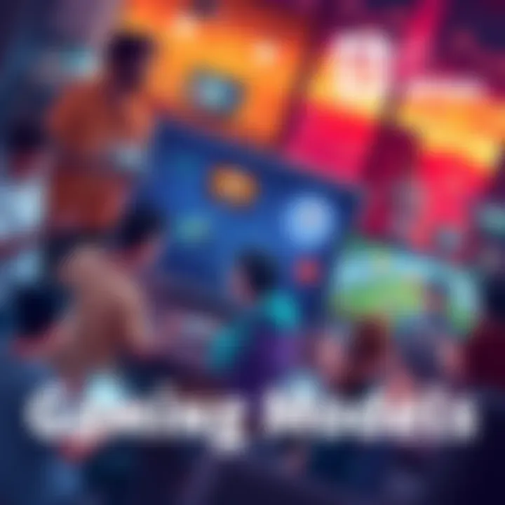 An illustration showing various gaming scenes with players engaging in online multiplayer games, showcasing community interactions and content updates.