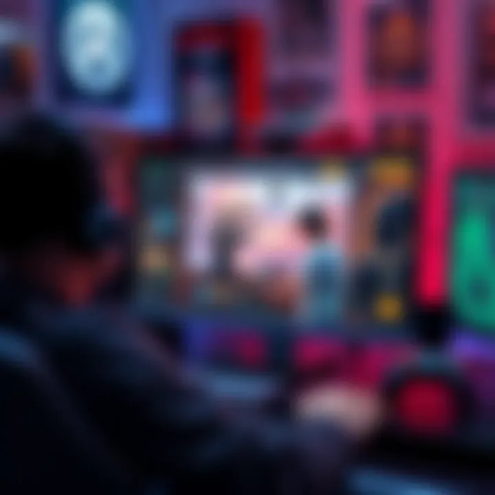 A gamer engaging with a live-service model game on a computer screen, showing in-game purchases and community interactions, surrounded by gaming paraphernalia.