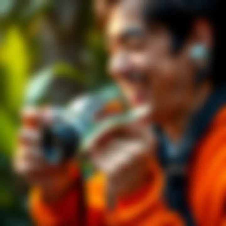 A person laughing while holding a camera, capturing a colorful bug on a leaf.