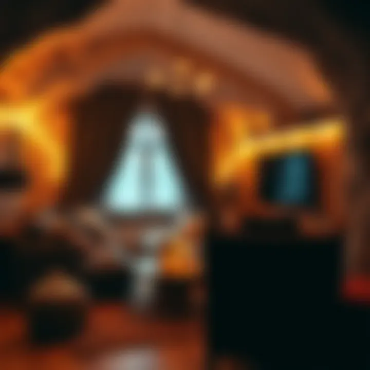 A cozy living room transformed into a cave setting for a role-playing game, featuring dark drapes, fairy lights, and themed decor.