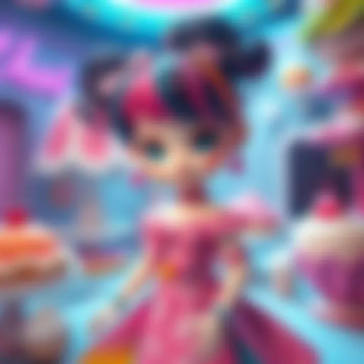 A colorful and whimsical living doll character in a dessert-themed world, showcasing vibrant details and playful design elements.