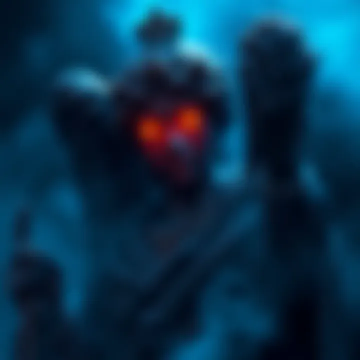 A statue with glowing eyes and a dark aura, appearing to move while surrounded by shadows.