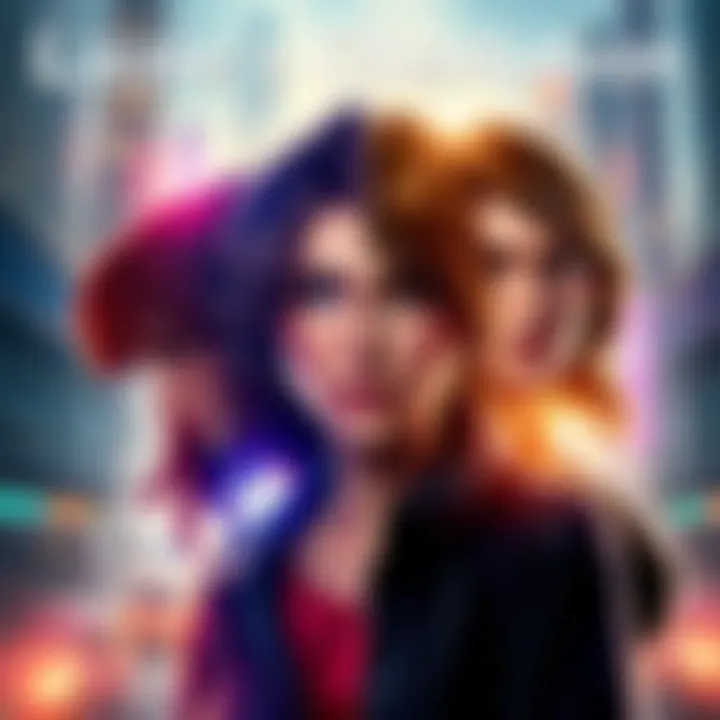 An image showing Lizzie transforming from concerned to indifferent, reflecting her character change in the game, with a digital city backdrop.