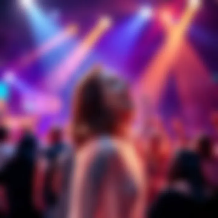 Lizzy Wizzy sings on stage at the Black Sapphire, surrounded by bright lights and cheering fans.