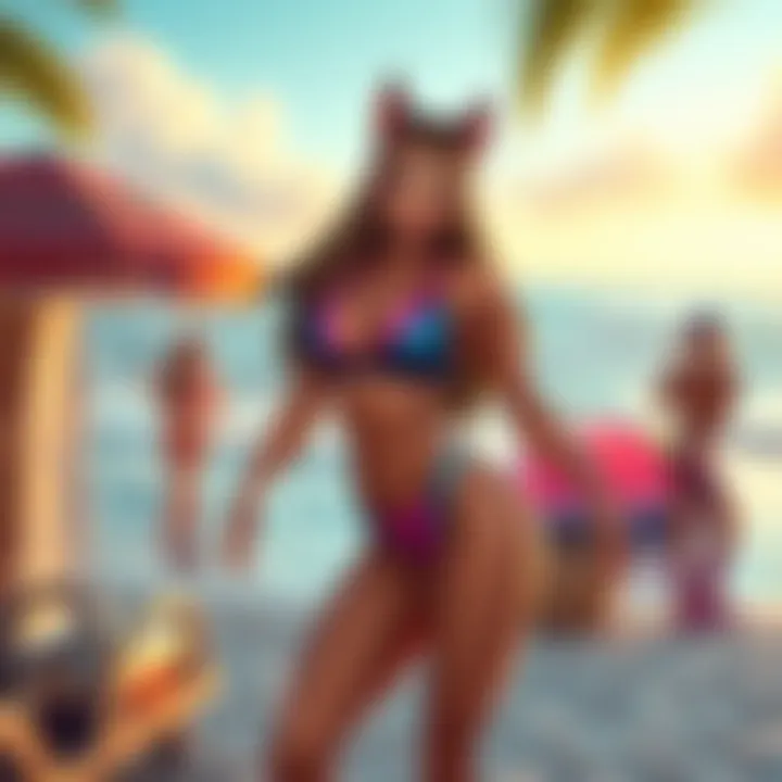 Loba character wearing a stylish swimsuit, surrounded by a vibrant beach scene