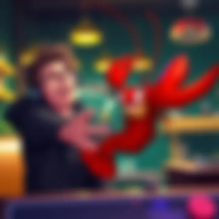 A gamer laughing while throwing a cartoon lobster as a companion in a fantasy game setting