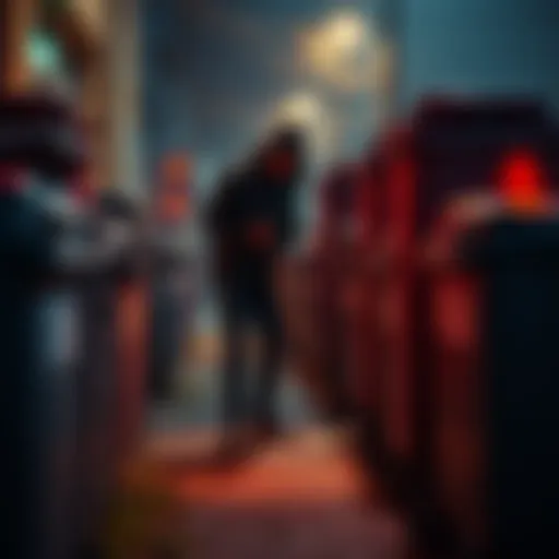 Person with metal detector by trash cans A local searching trash cans with a metal detector during the Stella night raid, finding an unusual item.