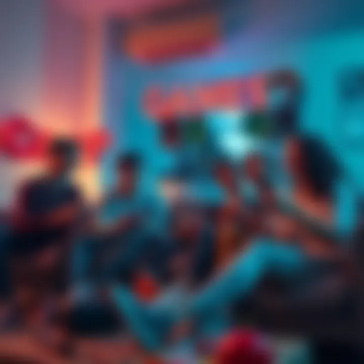 A group of friends playing a local co-op game together on a couch, enjoying snacks and having fun.