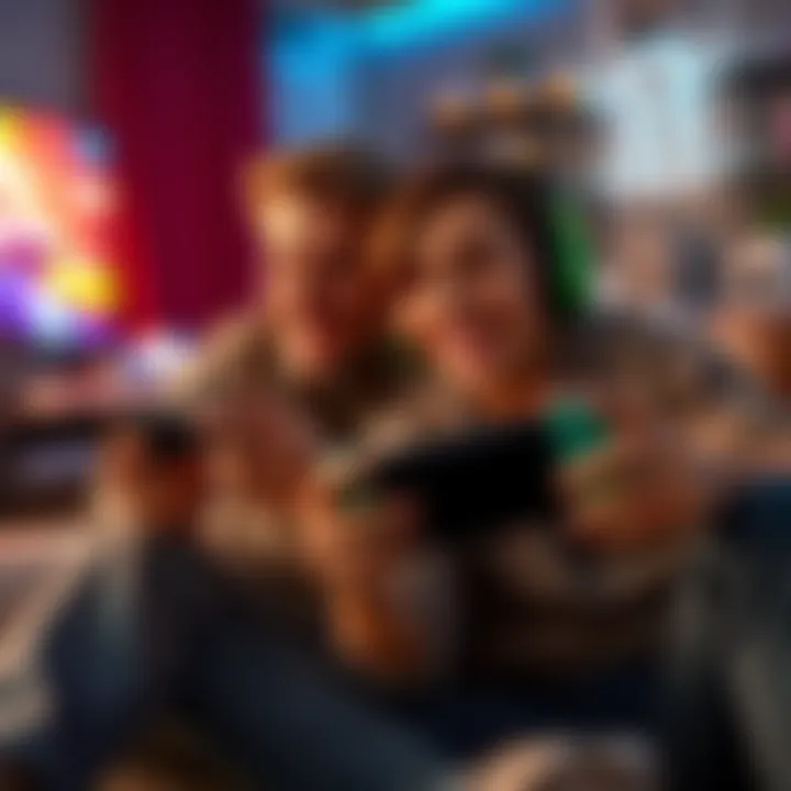 Two people enjoying a local co-op game on a Nintendo Switch and Xbox, smiling and having fun together