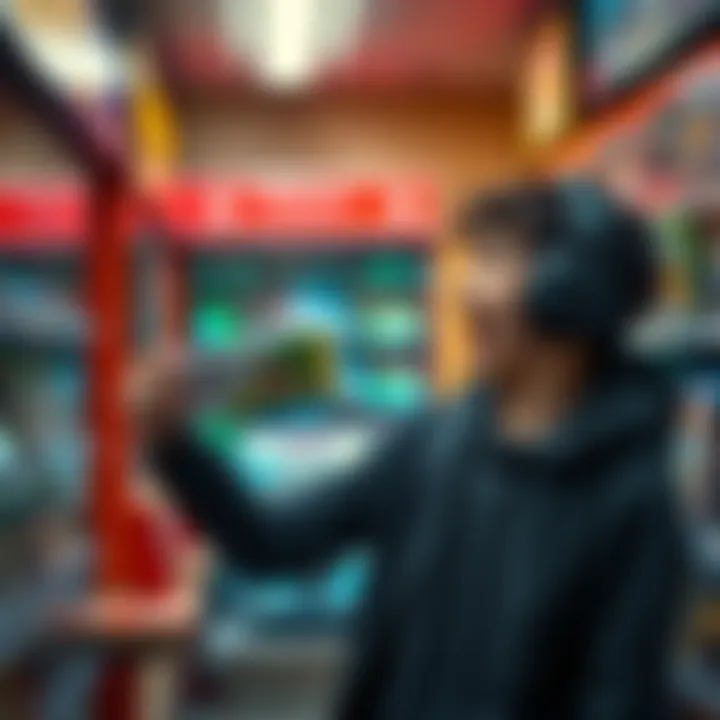 A gamer holding a one-dollar game find with excitement in a local game store.