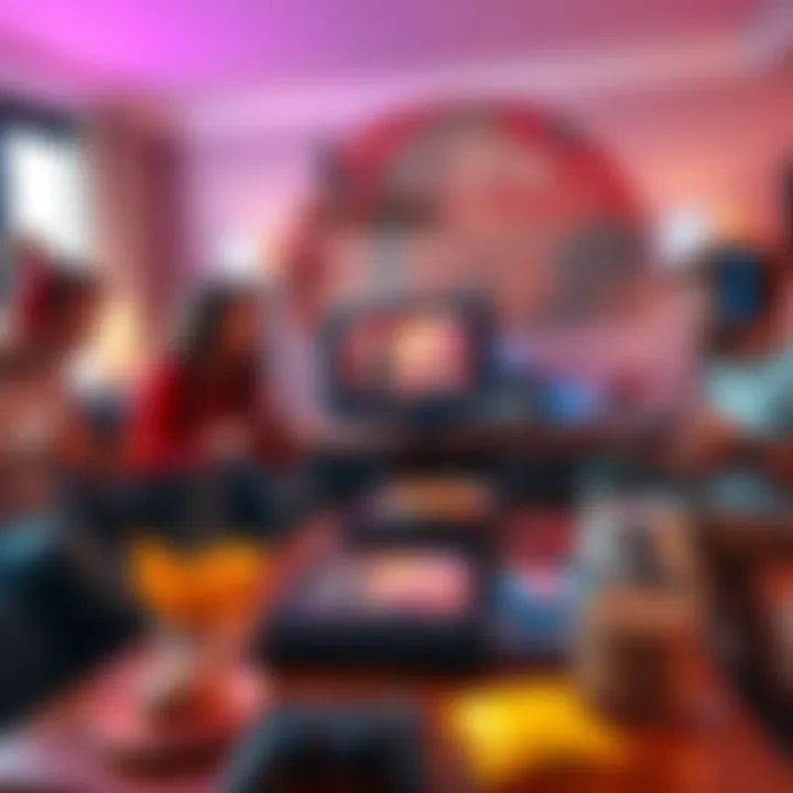 A colorful living room scene with friends enjoying local multiplayer games together on a console, featuring various game controllers and snacks on the table.