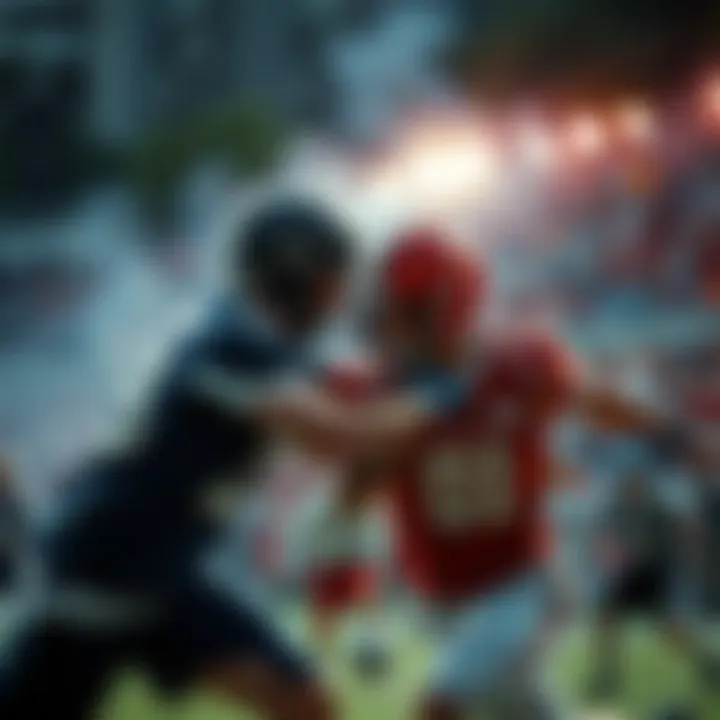 Players from two local teams compete intensely for the win during a close sports match, with fans cheering in the background.