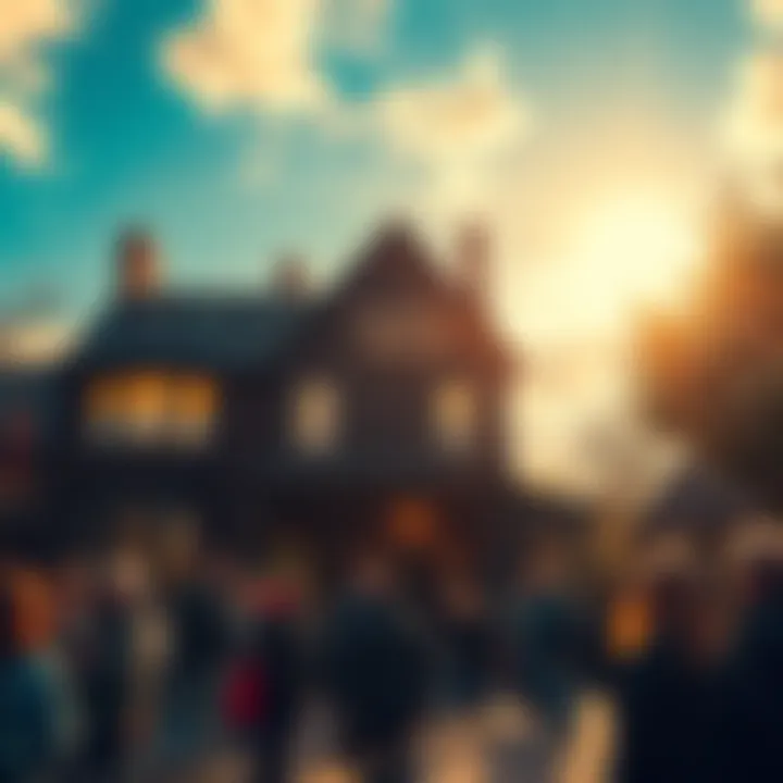 A view of the Oldest House with a bright sky, symbolizing the lifting of lockdown restrictions, featuring people gathered outside, looking hopeful and curious.