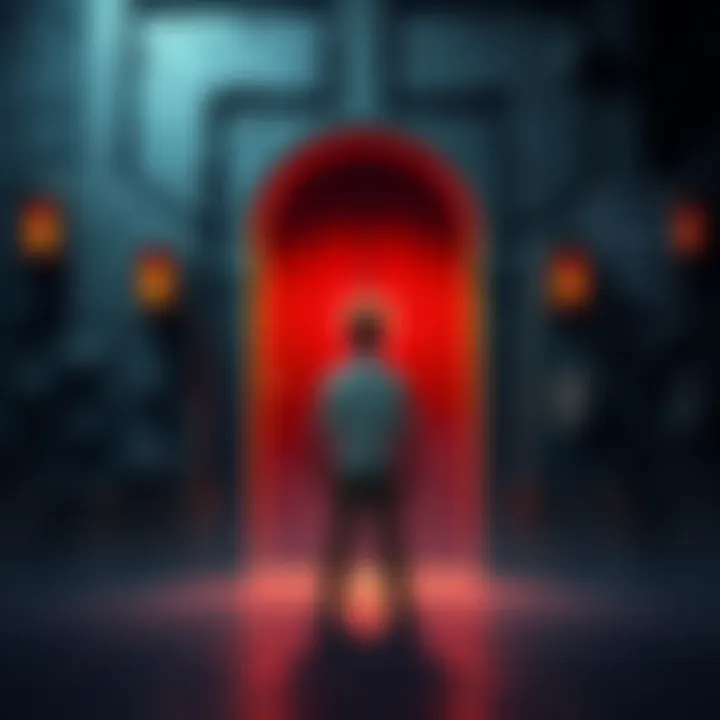 A player stands in front of a locked door in a game, looking frustrated, with a key in hand.