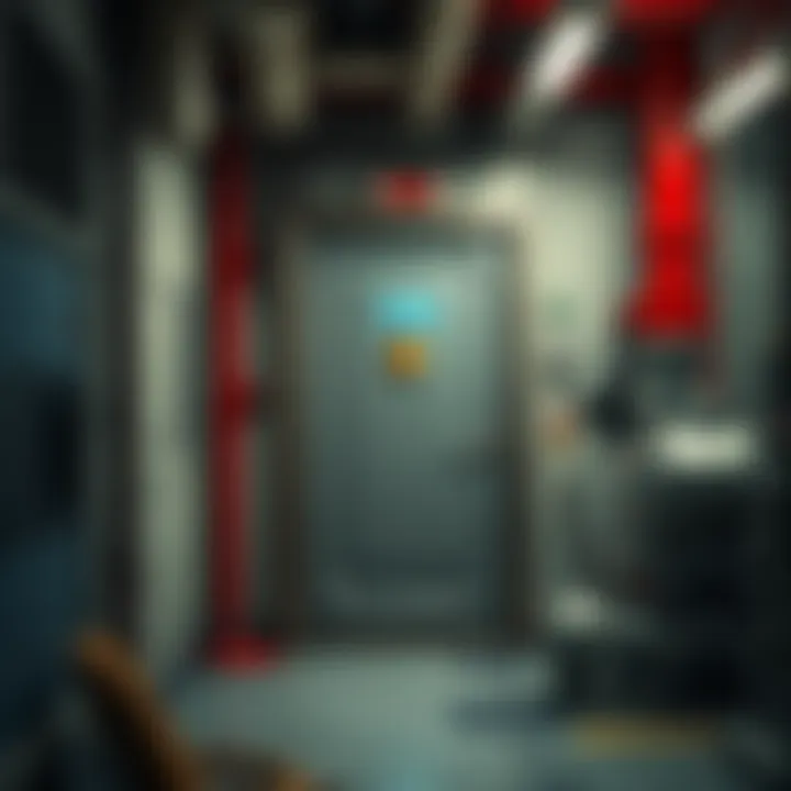 A close-up view of a locked door near coolant pumps, hinting at potential secrets beyond, with industrial machinery in the background.