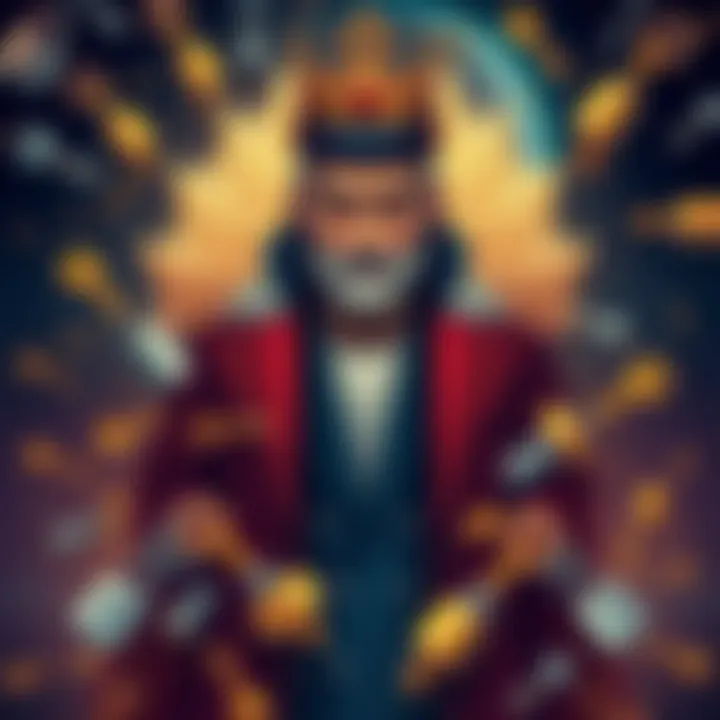 A representation of a symbolic figure known as the Locks King, surrounded by keys and locks, symbolizing leadership and cultural influence.