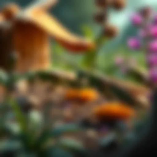 A group of colorful locusts working together in a serene environment, showcasing farming and art activities under a queen.