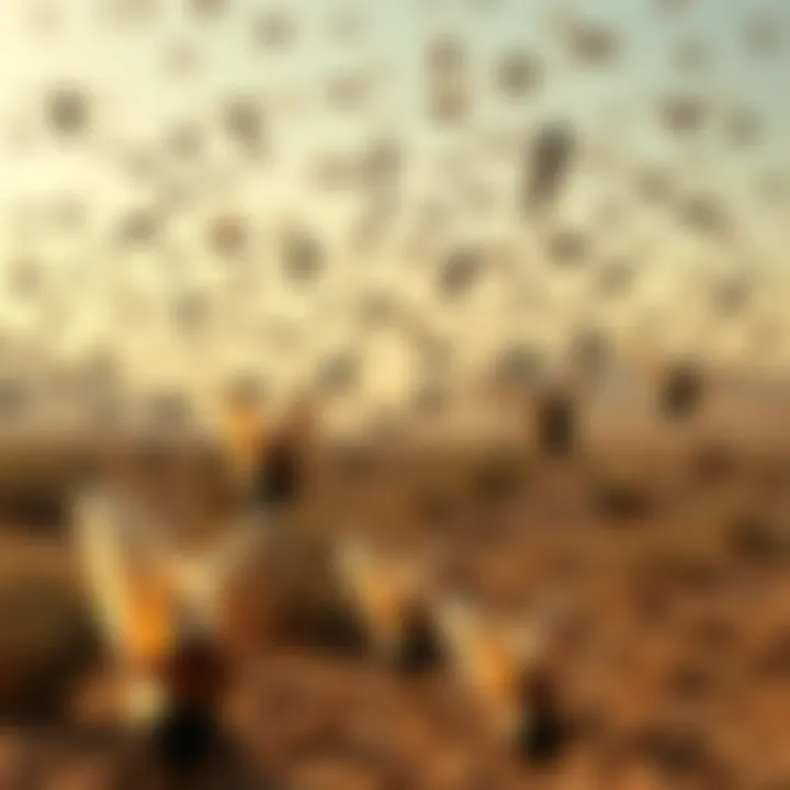 A large group of locusts flying over a desert landscape, affecting plants and soil