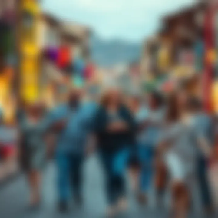 A lively street scene in Lodi showcasing diverse couples where larger women are embraced and celebrated in local culture.