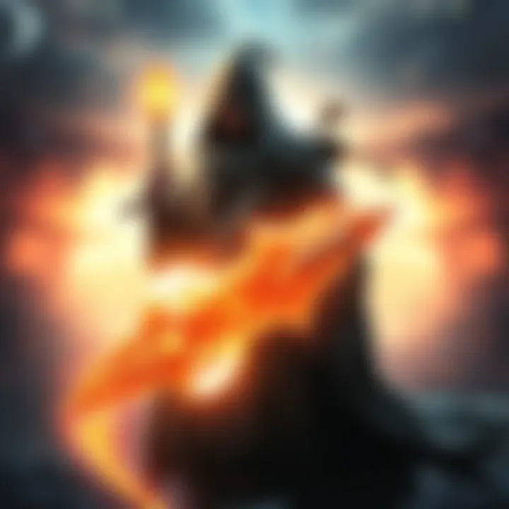 Lodi stands confidently holding a glowing weapon, symbolizing the Nine's influence, with a dramatic backdrop of a fantasy landscape.