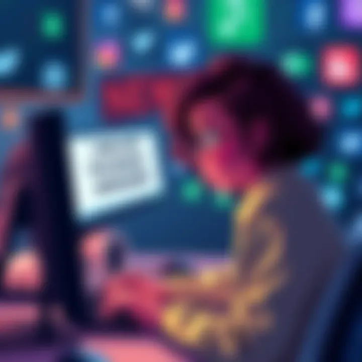 A person sitting at a computer with a worried expression, looking at a warning message about spoilers on the screen, with social media icons in the background.