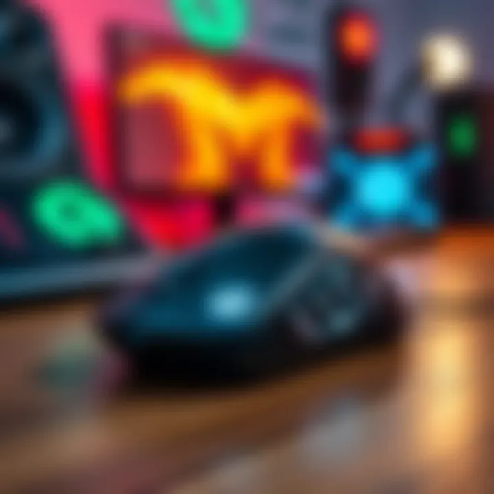 A Logitech G502 X gaming mouse placed on a wooden desk with a blurred gaming setup in the background.