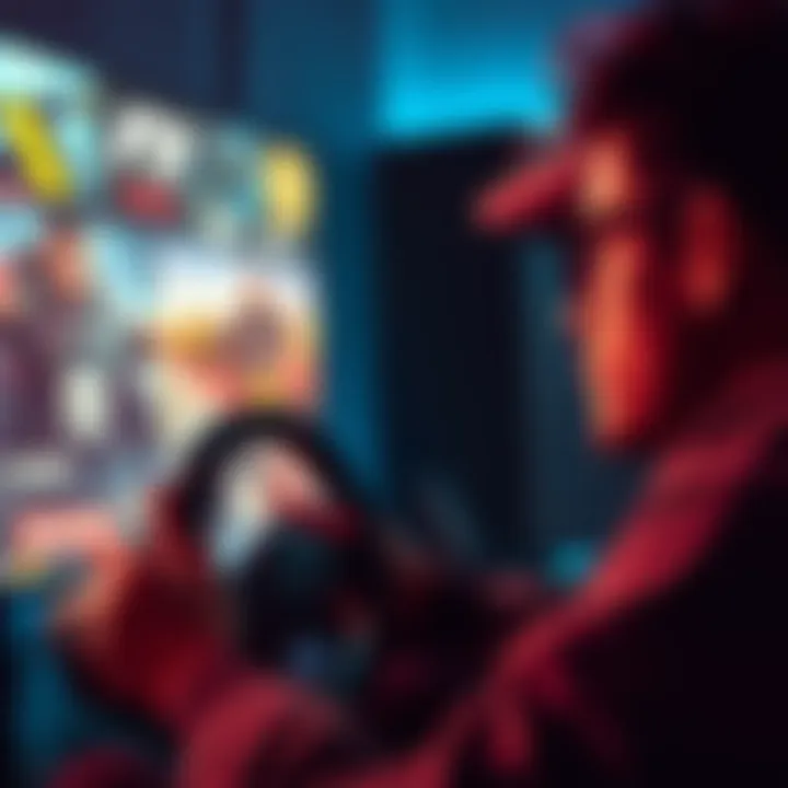 A gamer using a Logitech wheel while advertisements appear on the screen, showing their focused expression