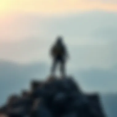 A lone figure stands on a mountain peak, gazing into the distance with determination and reflection, surrounded by vast empty landscapes.