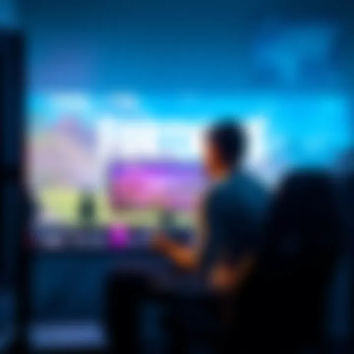 A gamer sitting alone in front of a computer, looking at the Fortnite screen, expressing feelings of loneliness while holding a controller.