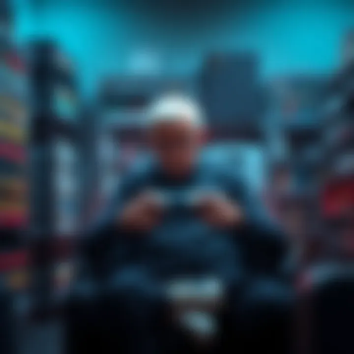 Lonely Gamer Sitting with Controller An older gamer sits alone with a game controller, surrounded by shelves of games, reflecting on past friendships.