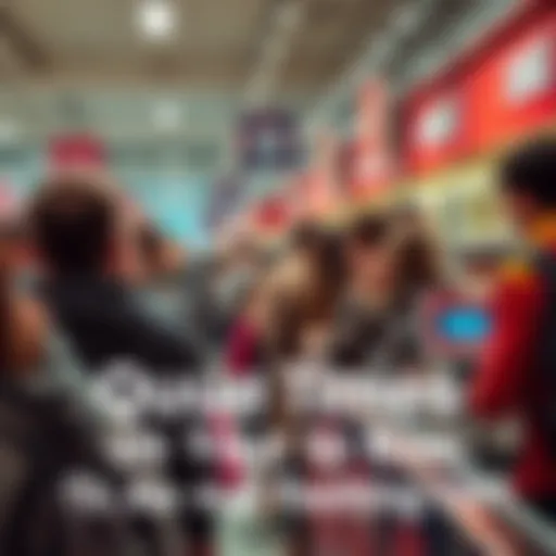 A long line of people waiting at a checkout counter, with some looking at their watches, indicating longer wait times.