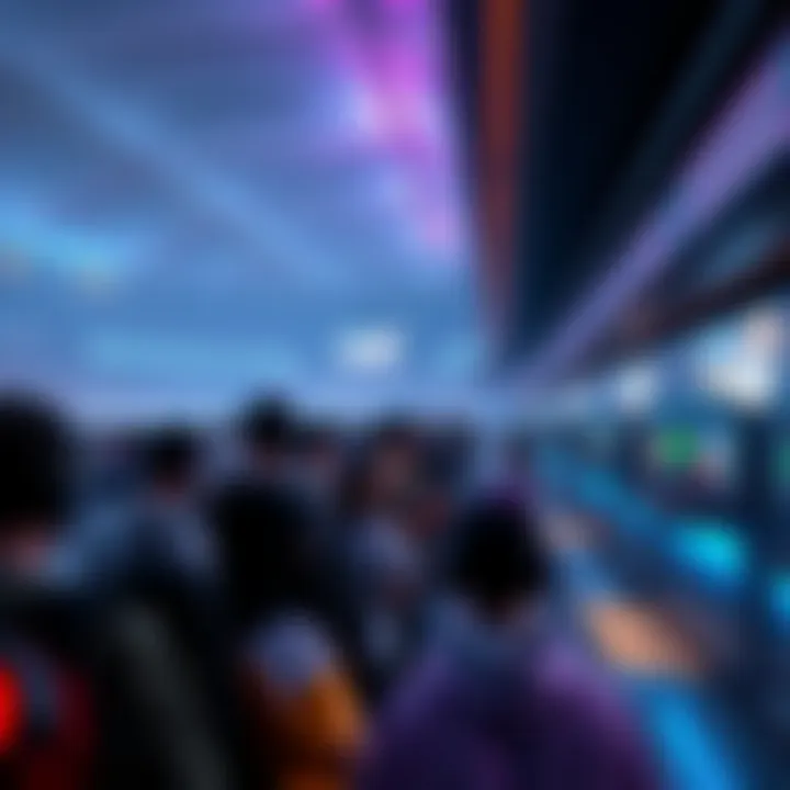 Players waiting in line to enter matches at a stadium, highlighting long queue times for different gaming roles like Tank, DPS, and Support.