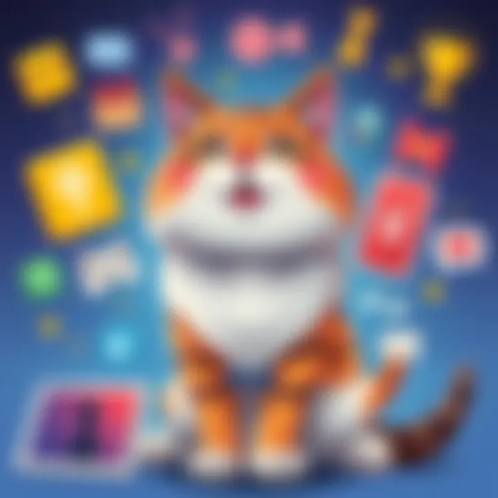 Long Bingus Cat Illustration A playful illustration of a long cat with a cheerful expression, surrounded by various online community symbols, highlighting its cultural significance.