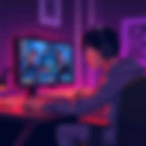 A person sitting at a computer, looking frustrated while waiting to find a Non-ranked All Pick match, with a game interface on the screen showing a long loading time.
