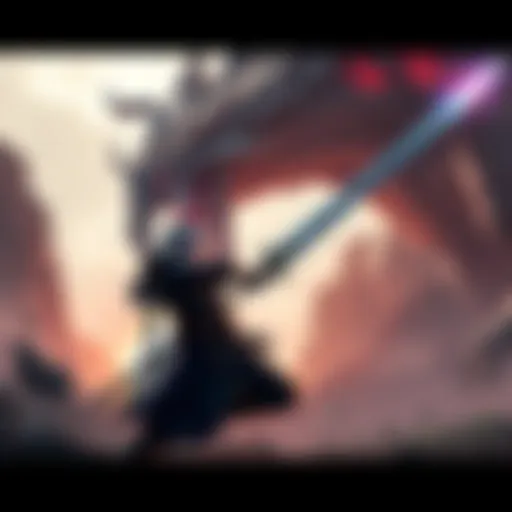 A player using a Longsword in Monster Hunter, preparing for a battle with a large monster, showcasing combat stance and weapon detail.