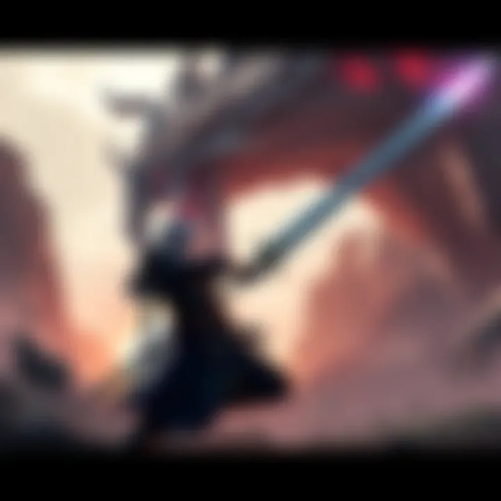 A player using a Longsword in Monster Hunter, preparing for a battle with a large monster, showcasing combat stance and weapon detail.