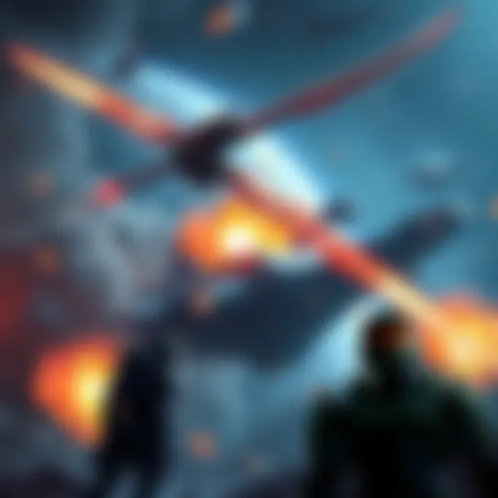 Two Longswords flying toward a large Covenant carrier, explosions erupting in the background as Master Chief observes the attack.