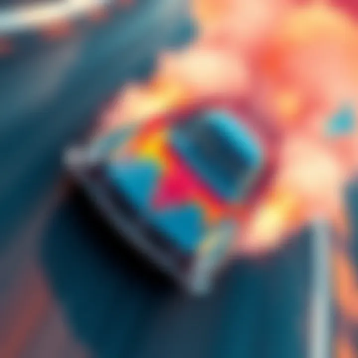 A colorful top-down view of a cartoon car racing with smoke screens and oil slicks