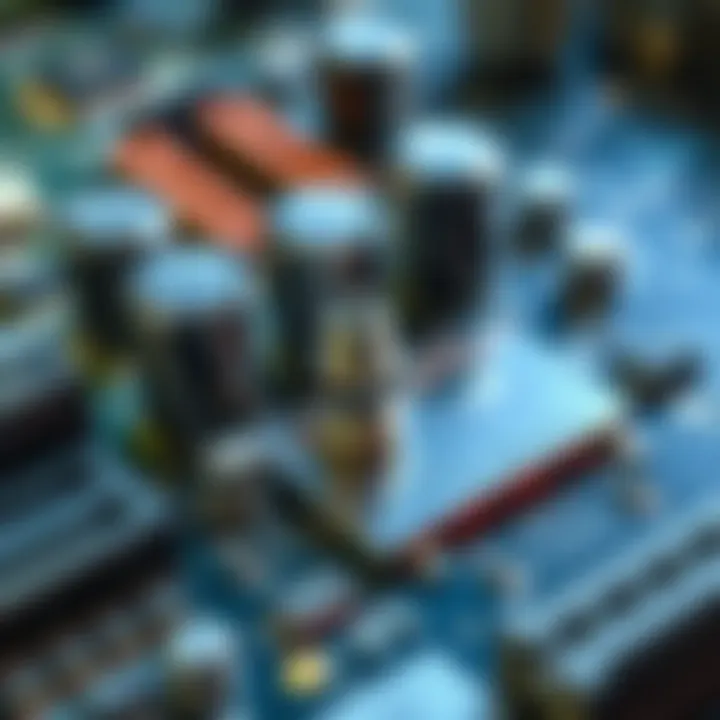 A close-up view of a motherboard with a loose screw positioned between capacitors, highlighting potential risk to the components.